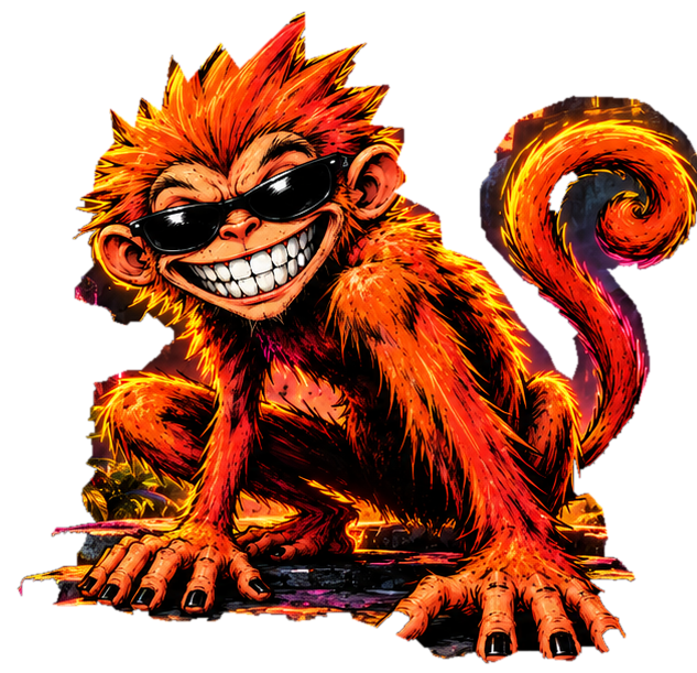Funky Fangs orange monkey wearing black shades, flashing sharp teeth with a mischievous grin